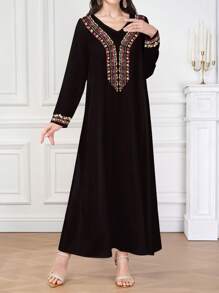 SHEIN Najma Women's Black V-Neck Long Sleeve Flare Hem Elegant & Comfortable Printed Abaya Dress, Vintage Artistic Collar & Cuff Floral Pattern, Polyester Fabric, Suitable For Home, Outdoor, Festivals, Parties & Events, Midi Dress, Summer Dress, Dress For Women