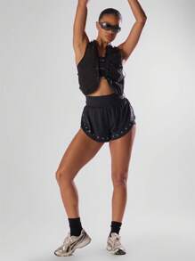 Musera Sport 内层跑步短裤，松紧腰身，反光文字图案，运动、健身、跑步、跑步俱乐部健身房