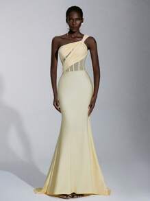 Elitara Women's Elegant Asymmetrical Shoulder Ruching Fishtail Skirt Formal Evening Dress, Minimalist Stretch Knit Train Gown For Wedding&Birthday Party - Light Yellow - View 8