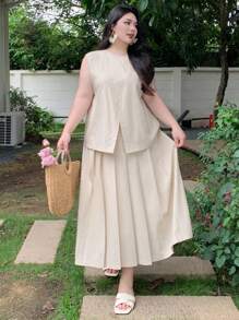 Dazy Plus 2pcs Set: Linen Crew Neck Asymmetrical Hem Sleeveless Loose Top And Pleated Long A-Line Skirt - Apricot - View 5