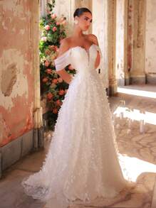 Glamrae Rochie elegantă albă în formă de inimă, cu decolteu în formă de sirenă, cu umeri goi, spate gol, reglabilă, potrivită pentru ocazii formale, nunți în aer liber, atmosferă de nișă - alb - Vizualizare 4