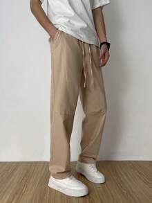 Manfinity Homme Men's Solid Color Drawstring Waist Side Pockets Straight Loose Casual Pants, Fall - Baby Pink - View 5