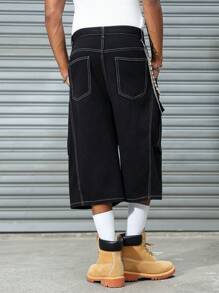 Manfinity Hypemode Men's Chain Decor Denim Wide Leg Cropped Cargo Shorts - Black - View 2