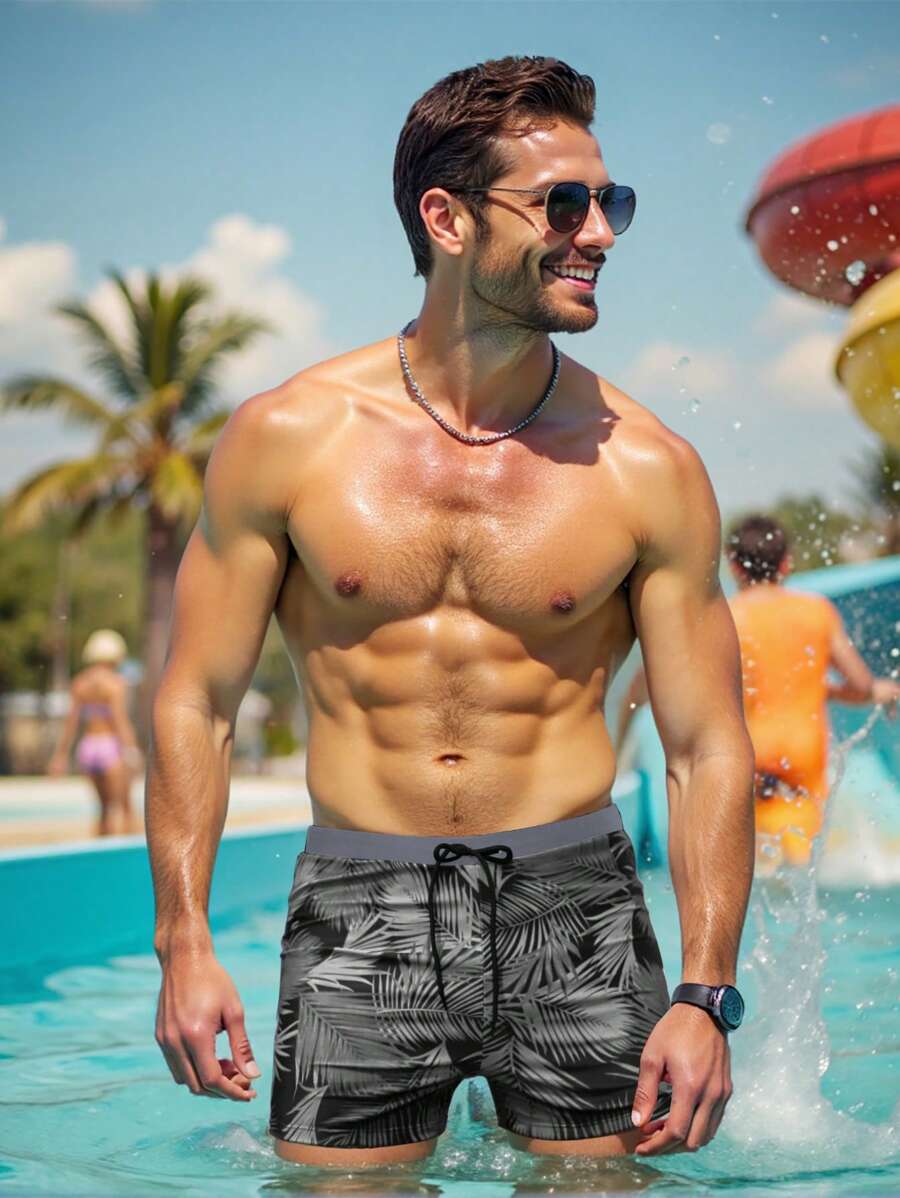 Manfinity VDAYZ Men's Beach Vacation Print Drawstring Swim Trunks, Beach Wear - Grey - View 1