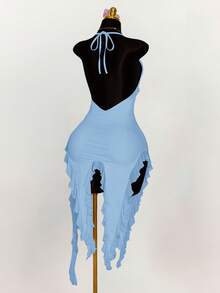 Amplova 深 V 领荷叶边不对称下摆紧身连衣裙 - 淺藍色 - 查看 2