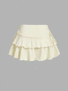 SHEIN PETITE CURVE Falda pastel de unicolor con detalle de cordón y pliegue - Albaricoque - Ver 2