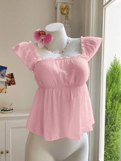 Comfortcana Women's Casual Square Neck Woven Pink T-Shirt, Summer