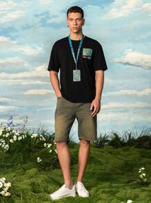 SHEIN Touch of Art 男士鸢尾花图案黑色短袖圆领T恤 - 黑色 - 查看 3