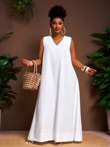 Veslaya Hàng mới về Xuân/Hè, Trang phục đi nghỉ mát, Trang phục đi làm, Trang phục thường ngày, Trang phục dạo phố, Đầm trắng trơn dáng chữ A cổ chữ V rộng rãi, vạt bất đối xứng, Kích cỡ lớn - Z, Đầm maxi cho ngày Valentine - trắng - Xem 6