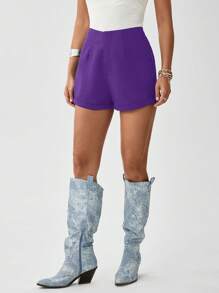 SHEIN LUNE Solid Roll Up Hem Shorts - Purple - View 5