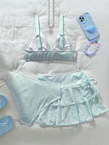 Swim Mod 女士三件套：前交叉钩针短款上衣、蝴蝶结多层荷叶边裙、夏季沙滩泳衣 - 淺藍色 - 查看 2