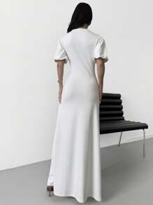 Firerie Damen elegantes, romantisches Qualitätskleid mit V-Ausschnitt, Puffärmeln, Taille mit Raffung und A-Linie Rock, für Cocktailparty, Urlaub und täglich, weiß