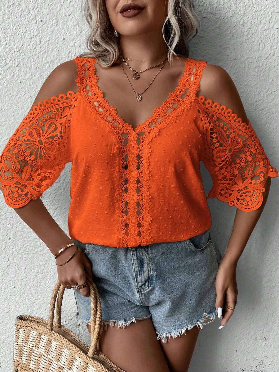 SHEIN Clasi Plus Size Women Contrast Lace Off Shoulder Loose Elegant Blouse - Orange - View 1