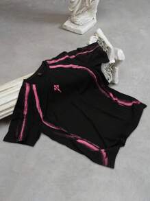 PAVTROS Manfinity Streetrush 男士撞色印花圆领短袖T恤，Y2K风格，黑色，适合万圣节、万圣节派对、街头服饰 - 黑色 - 查看 2