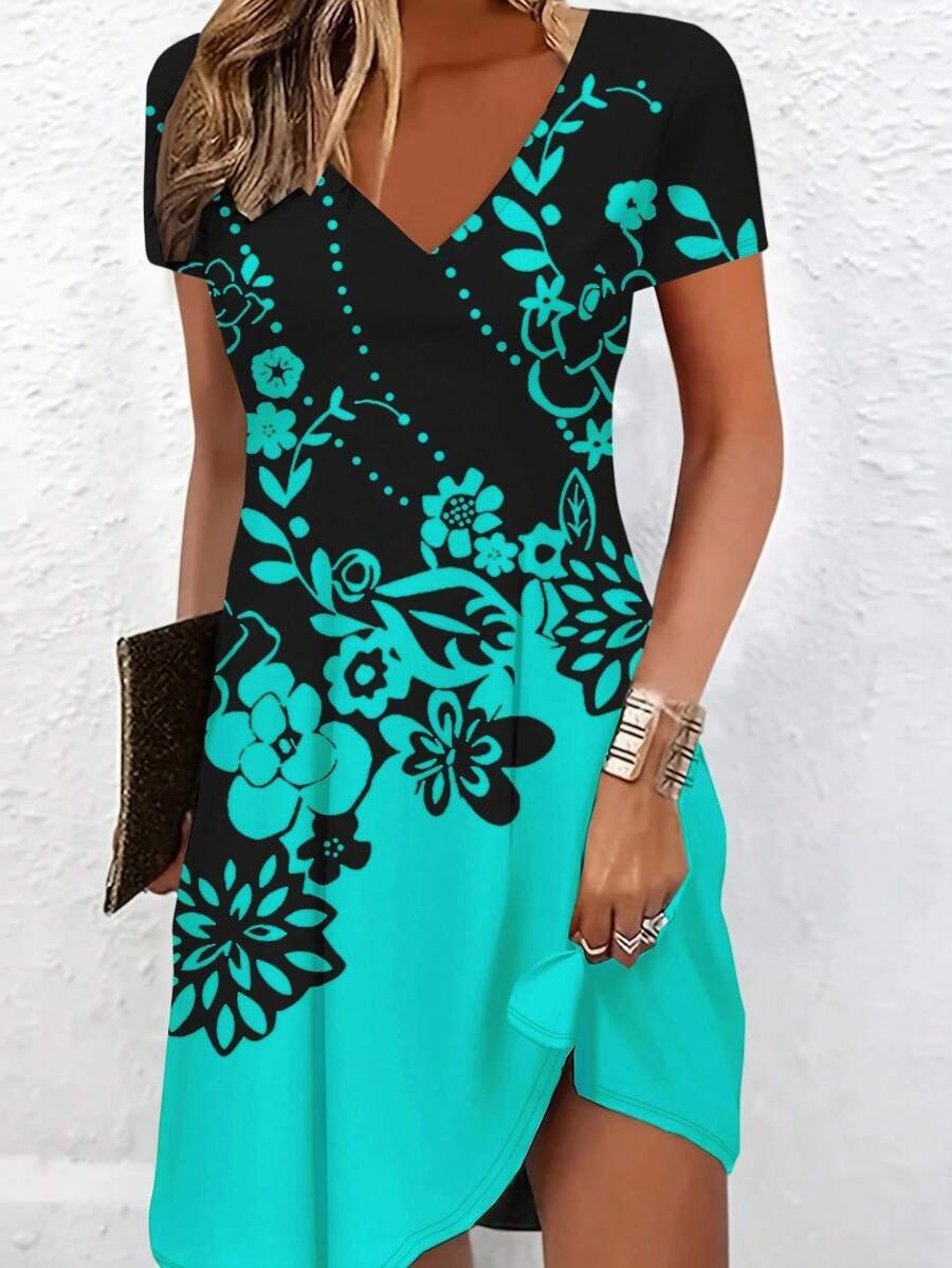 INAWLY 女士优雅休闲V领中长印花连衣裙 - 彩色 - 查看 1