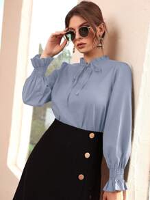 Seusyu Burgundy Red Women's Casual Solid Color Ruffled Sleeve Blouse, Spring And Autumn Fall Cloth For Women - Blue - View 7