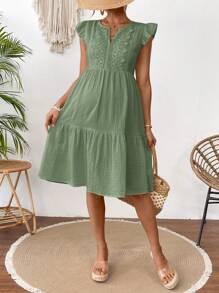 SHEIN Maternity Contrast Lace Cap Sleeve Elegant Dress - Green - View 4