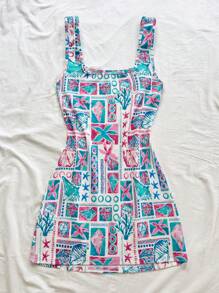 Soleia 度假海星和贝壳印花 V 领露背迷你连衣裙，适合音乐节、波西米亚风、假日、情人节约会和下午茶