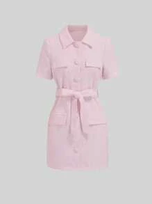SHEIN Unity 粉色格子花呢仿口袋系腰女式夹克 - 淺粉色 - 查看 1