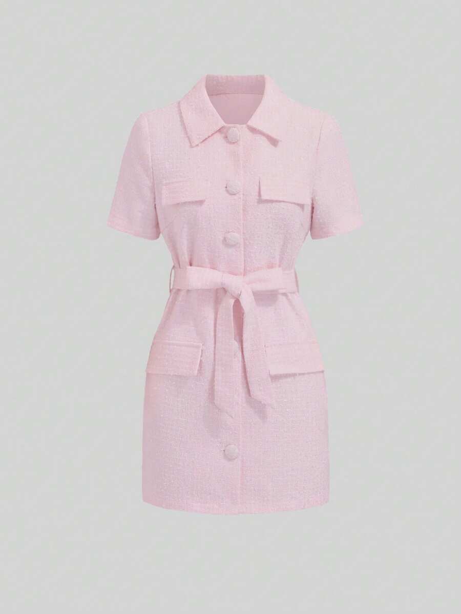 SHEIN Unity 粉色格子花呢仿口袋系腰女式夹克 - 淺粉色 - 查看 1