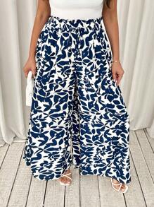 SHEIN Tall CURVE Pantalones anchos con estampado de plantas y bolsillos para mujer de talla grande, ideales para vacaciones