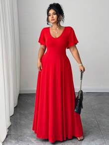 Elenzga 大码优雅简约假日派对深V领荷叶袖修身针织连衣裙 女装 夏季女装 - 紅色 - 查看 4