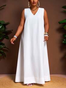 Veslaya Hàng mới về Xuân/Hè, Trang phục đi nghỉ mát, Trang phục đi làm, Trang phục thường ngày, Trang phục dạo phố, Đầm trắng trơn dáng chữ A cổ chữ V rộng rãi, vạt bất đối xứng, Kích cỡ lớn - Z, Đầm maxi cho ngày Valentine - trắng - Xem 4