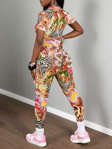 Slaydiva 2025新款夏季休闲街头性感Y2K辣妹朋克风格小立领短袖紧身裤全玫瑰斑马豹纹彩色图案印花网眼女式紧身裤连体裤-G - 彩色 - 查看 2