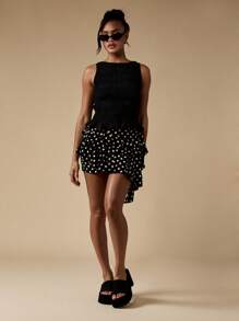MISSGUIDED Polka Dot Mini Skirt Ruffled Asymmetric Design Flirty Party Festival Summer Vacation Holiday Beach Casual Wear Skater Style - Black and White - View 3
