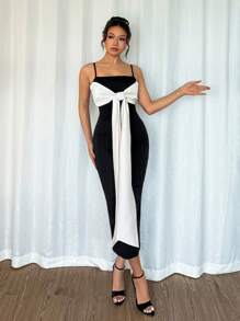 Chiquease Halloween Luxurious Black & Cream Extreme Contrast Bow Decor Mid-Length Dress