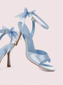 CUCCOO DOLLMOD Women's Blue Satin Faux Pearl & Butterfly Decor Cute Elegant Ankle Strap Round Toe Heeled Sandals - Blue - View 6