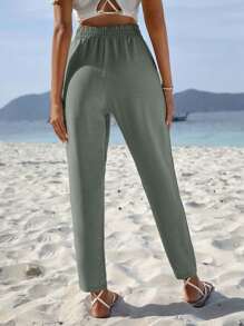 EURMUSE Solid Tie Front Trousers - Mint Green - View 5