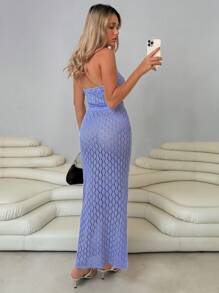 Roylia Bộ váy dài 2 món thanh lịch, cổ yếm khoét sâu phong cách Blogger thời trang có khóa kim loại và dây rút - Màu xanh lam - Xem 3