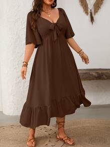 SHEIN Clasi Plus Size Cut-Out Floral Accent Flared Hem Short Sleeve Dress - Coffee Brown - View 8