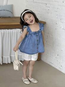 SHEIN Young Girl Blue Denim Ruffle Sleeve Oversized Top, Spring And Summer