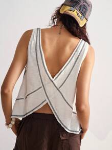 Bohemela Women V-Neck Asymmetrical Hem Solid Color Knit Backless Tank Top