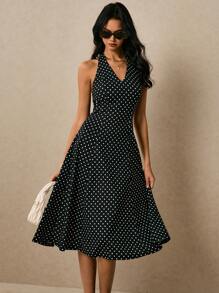 Poéselle 女式夏季波尔卡圆点印花复古优雅吊带中长连衣裙