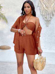 VaVaBold Conjunto de blusa de hombros caídos y top halter sin espalda con shorts - Marrón - Ver 7