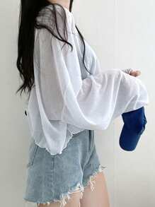 DAZY 女式宽松短款 V 领 T 恤，纯色透明长袖女式上衣，秋季女装短款女式上衣 - 白色 - 查看 2