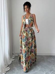 Elenzga 2pcs/Set Women Standard-Sized Shell Trim Open Front Top + Embroidered Multi-Color Skirt - Multicolor - View 4