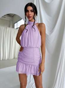 Firerie Women's Neck Tie Ruched Bodycon Romantic Elegant Vacation Beach Dress - Violet Purple - View 4