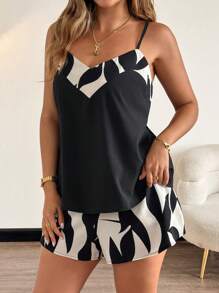 Flirla 2pcs Plus Size Women Botanical Print Camisole And Shorts Set - Multicolor - View 1