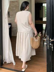 Dazy Plus 2pcs Set: Linen Crew Neck Asymmetrical Hem Sleeveless Loose Top And Pleated Long A-Line Skirt - Apricot - View 2