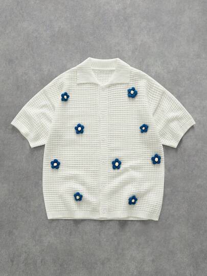 Street Life Men's Vacation Casual 3D Floral Decor Knit Sweater, Summer