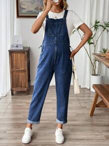 SHEIN Maternity Blue Simple Everyday Denim Cuff Overalls - Dark Wash - View 1