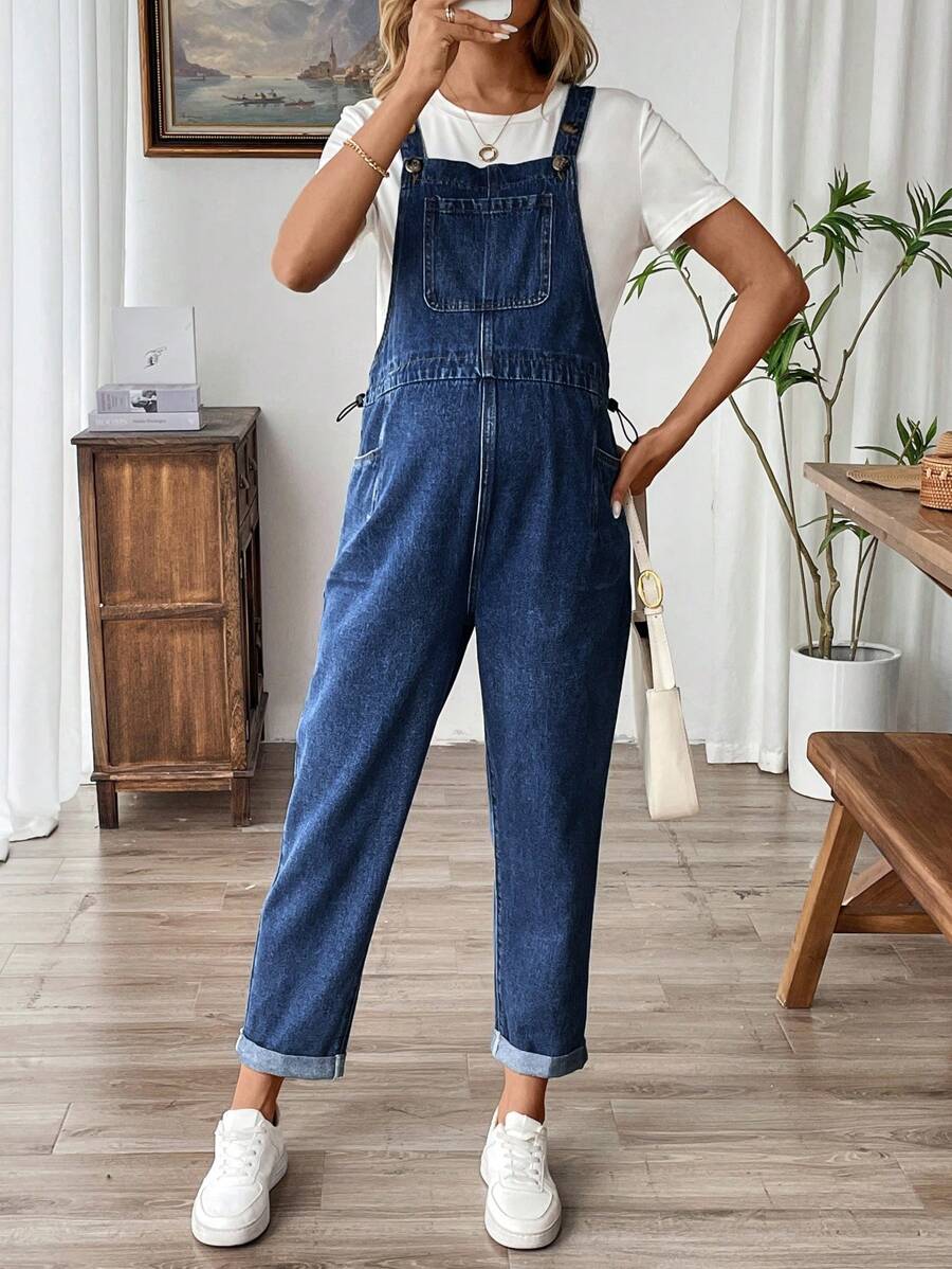 SHEIN Maternity Blue Simple Everyday Denim Cuff Overalls - Dark Wash - View 1