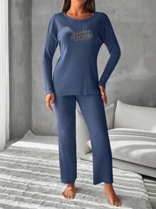 EURMUSE Letter Printed Drop Shoulder Ribbed Knit Homewear Set - Navy Blue - View 3