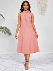 SHEIN Lady 3D立体花朵荷叶边装饰领口，橙色中长款连衣裙，优雅淑女宽松休闲，春夏度假风，波西米亚风情。 - 藕粉色 - 查看 3