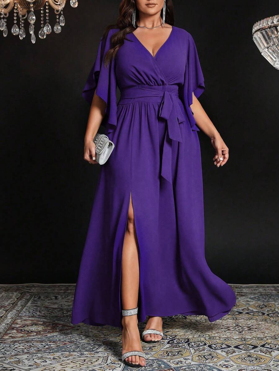 Auvina Gaun Maxi Pesta Elegan Wanita Ukuran Plus Warna Polos Pas Badan Leher V Lengan Pendek Mengembang Ikat Pinggang Belahan Ruffle - Purple - View 1