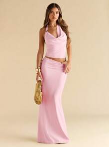 SHEIN BAE 1 Set Women's Halter Metal Decor Coffee Brown Bodycon Knitted Suit - Coral Pink - View 3
